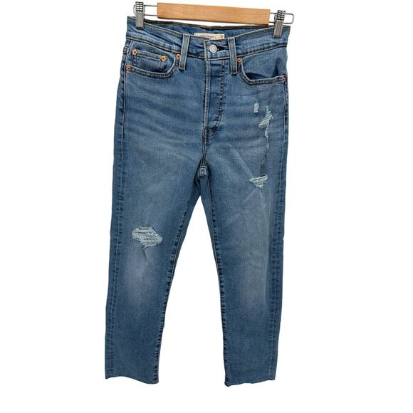 Levi's Womens Size 27 Medium Indigo Wash Wedgie Straight Jeans Cropped Distress - Picture 1 of 10